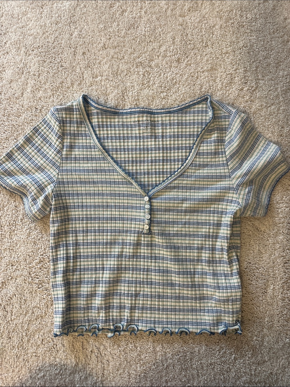 Striped V-Neck Henley Crop Top in Cream and Blue